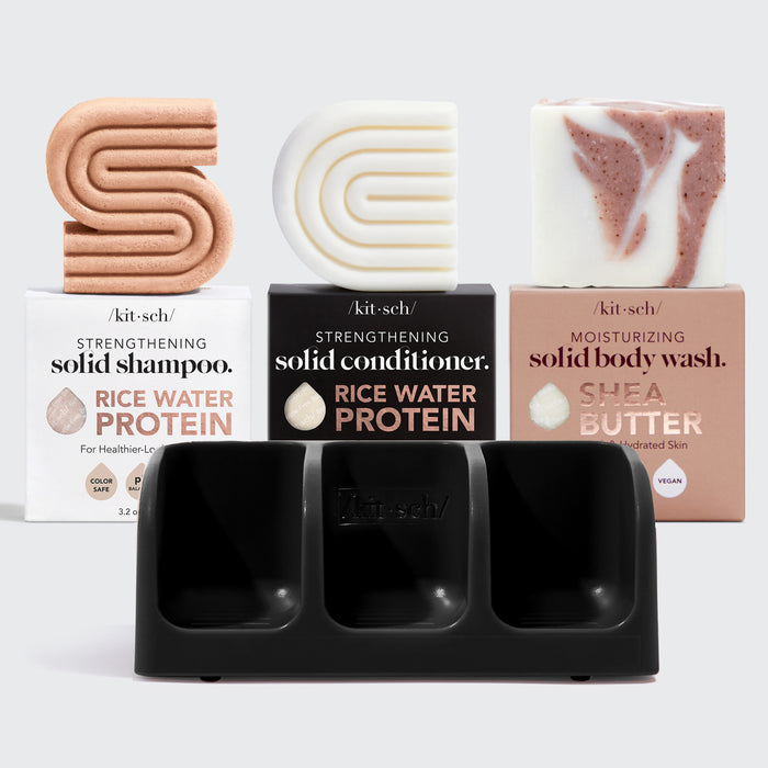 Hair Growth Rice Water Shampooing & Conditioner Soap Dish Bundle - Black